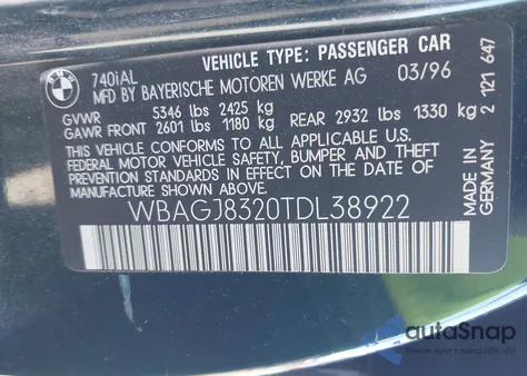 1996 BMW 740 Il z USA, uszkodzony, nr VIN WBAGJ8320TDL38922